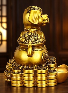 黄铜旺财狗摆件聚宝盆生肖狗家居客厅玄关摆设旺家中式铜工艺品