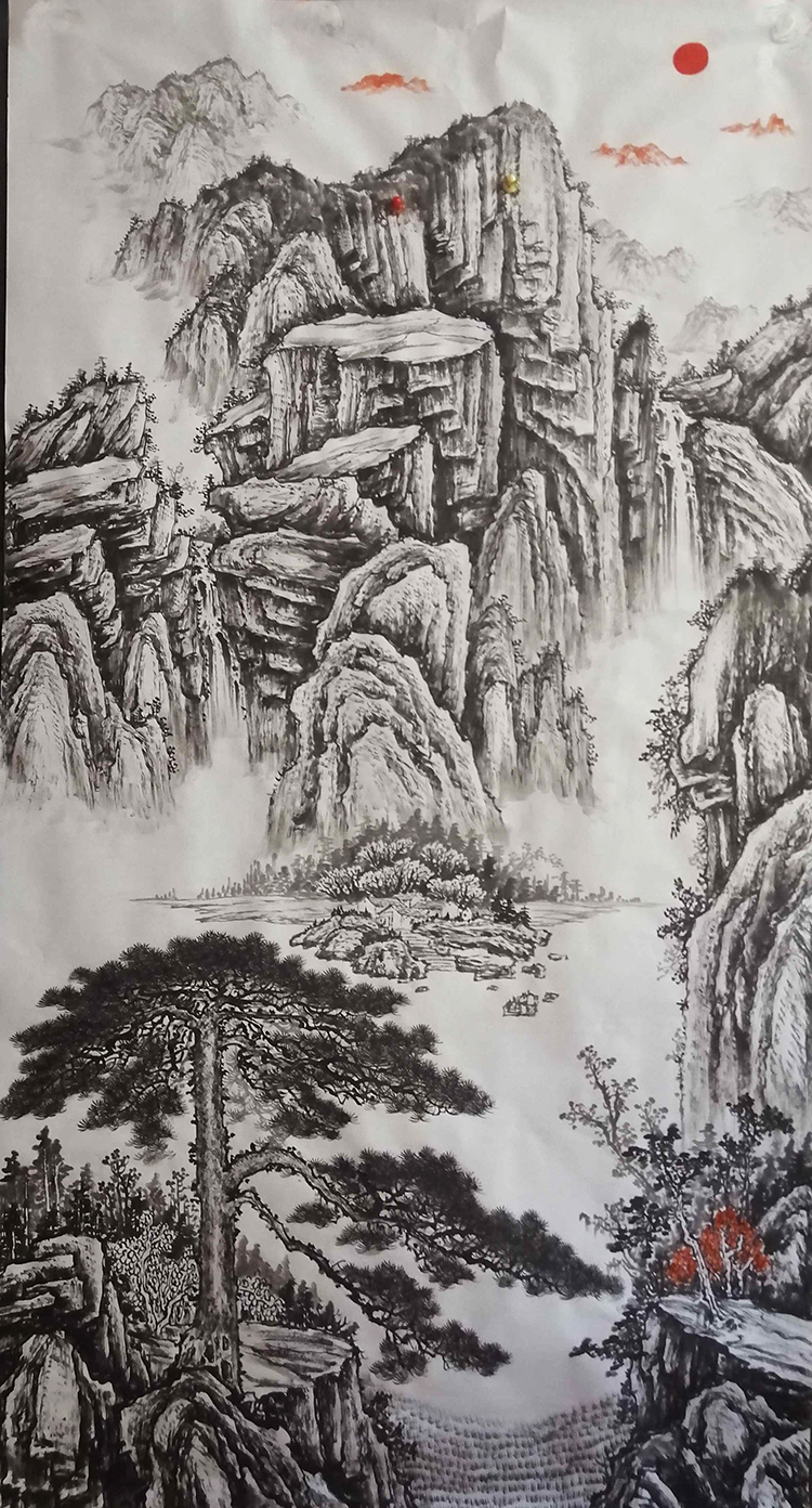 定制纯手绘旭日东升国画风水新中式古风靠山画真迹办公室山水画心