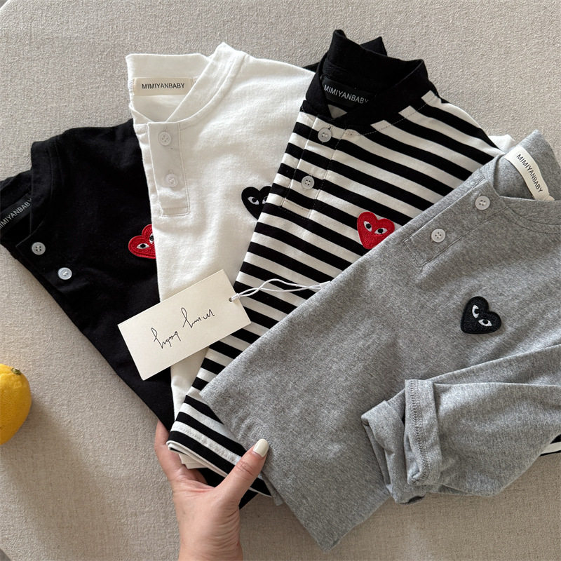 儿童长袖T恤立领爱心宝宝秋装打底衫纯棉条纹2025春秋男女童内搭T,淘宝优惠券,粉丝福利购,淘宝优惠卷