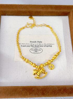 沙金爆闪碎冰冰马上有钱金色木马项链小马铜钱手链叠戴高级锁骨链