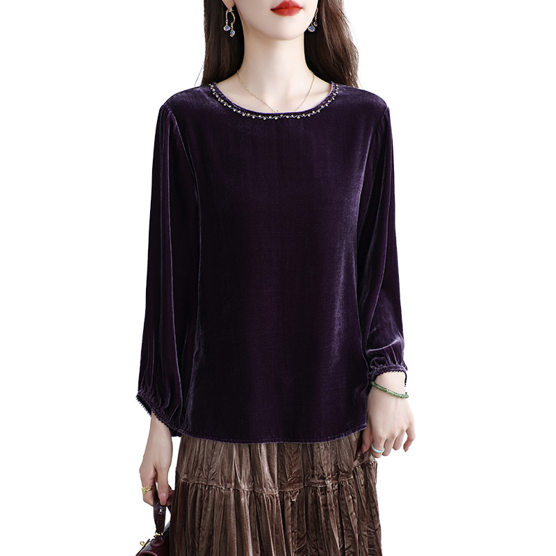 2025新款真丝丝绒上衣女九分袖桑蚕丝纯色T恤小众韩版外套春秋,淘宝优惠券,粉丝福利购,淘宝优惠卷