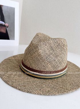 奢品非遗金丝草手工编织平顶帽子女夏季防晒草帽海边度假爵士帽潮