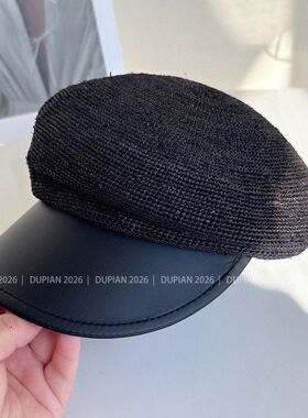 日本CA4鸭舌帽子女夏季出游防晒草帽手工钩针拉菲草拼接pu报童帽