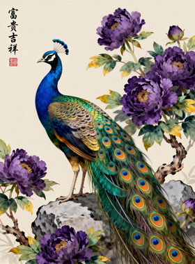 中式孔雀牡丹装饰画客厅办公室茶室贴纸玄关墙画富无框画芯油画布