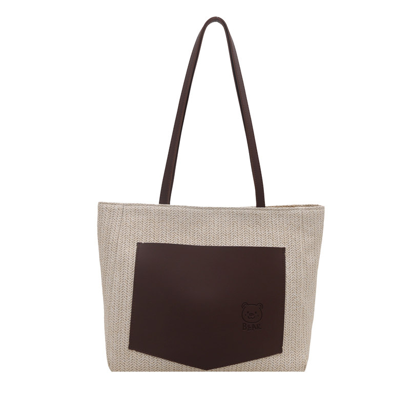 撞色草编简约复古手提包女式休闲托特包大容量单肩包百搭通勤女包,淘宝优惠券,粉丝福利购,淘宝优惠卷