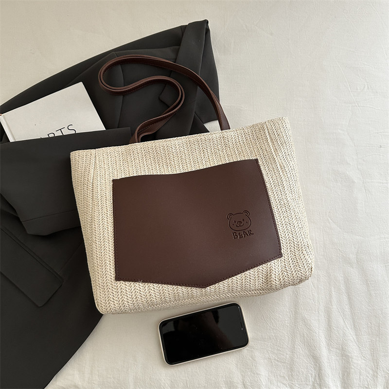 撞色草编简约复古手提包女式休闲托特包大容量单肩包百搭通勤女包,淘宝优惠券,粉丝福利购,淘宝优惠卷