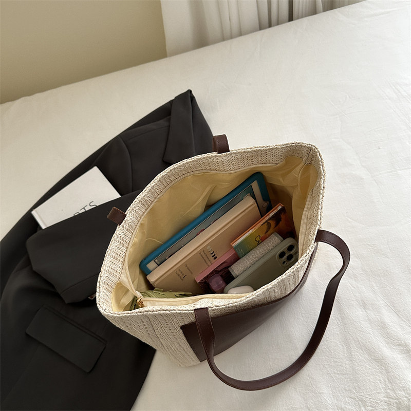 撞色草编简约复古手提包女式休闲托特包大容量单肩包百搭通勤女包,淘宝优惠券,粉丝福利购,淘宝优惠卷