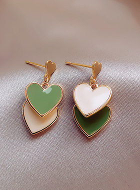 Green peach heart earrings女S925银针绿色桃心撞色简约耳钉网红