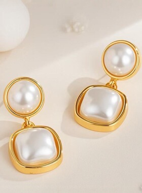 pearl earrings优雅珍珠耳饰法式复古气质感耳坠不规则方形耳饰