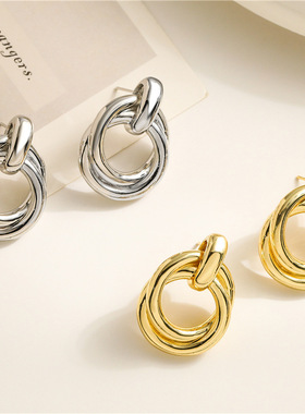 earrings跨境耳饰欧美时尚复古耳环质感双层金属缠绕耳环耳饰