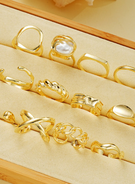 Pearl Geometry Ring Set跨境欧美女开口可调节指环个性几何戒指