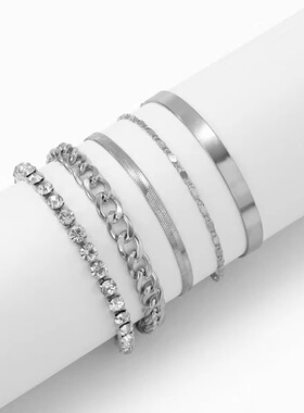 Bracelet set跨境朋克风光面百搭叠戴手镯套装几何镶钻多层手链