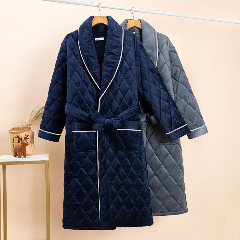 秋冬季男士加绒三层夹棉长款睡袍 丝萝春秋睡袍/浴袍