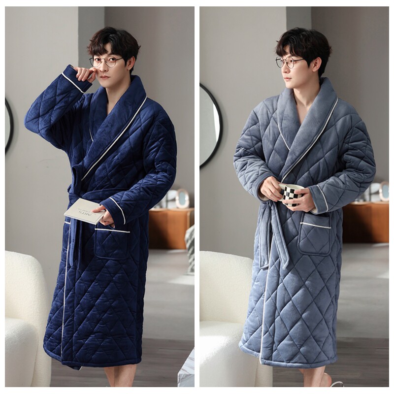 秋冬季男士加绒三层夹棉长款睡袍 丝萝春秋睡袍/浴袍