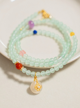 原创《春林》天然绿玉髓南红青金水晶蜜蜡三圈长款手串手链项链女