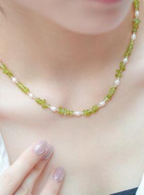 小森林天然淡水珍珠绿橄榄石锁骨链女2024夏新款清新文艺百搭项链