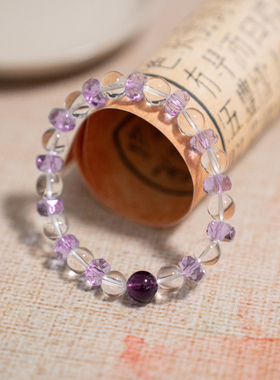 时光原创「紫烟」天然白水晶玻利维亚紫水晶乌拉圭紫晶手串女手链