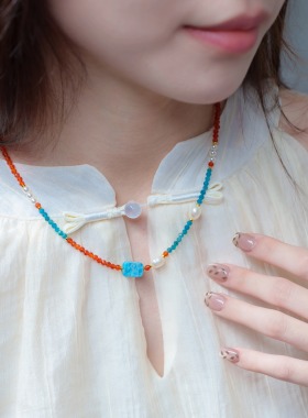 《敦煌》天然蓝麟灰石项链女小众复古气质国风潮新中式串珠锁骨链