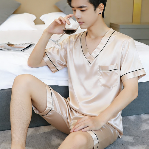 男士丝绸睡衣夏季短袖薄款冰丝韩版仿蚕丝大码宽松休闲短裤家居服 - 图3