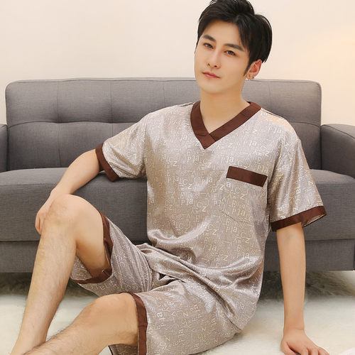 男士丝绸睡衣夏季短袖薄款冰丝韩版仿蚕丝大码宽松休闲短裤家居服 - 图2