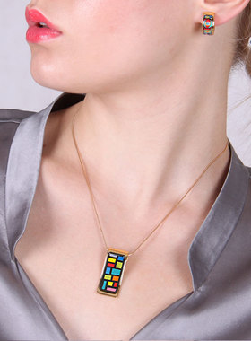 蒙德里安构图画珐琅吊坠项链女