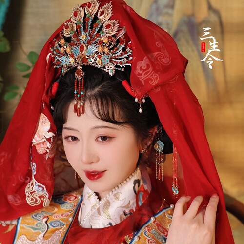 三生令【长宁】明制唐风汉服仿点翠中式头冠凤古风婚礼嫁新娘头饰 - 图0
