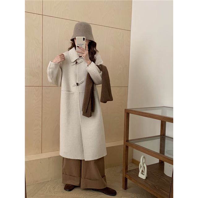 2025年秋冬新款双面羊绒大衣女中长款韩版宽松牛角扣羊毛外套女