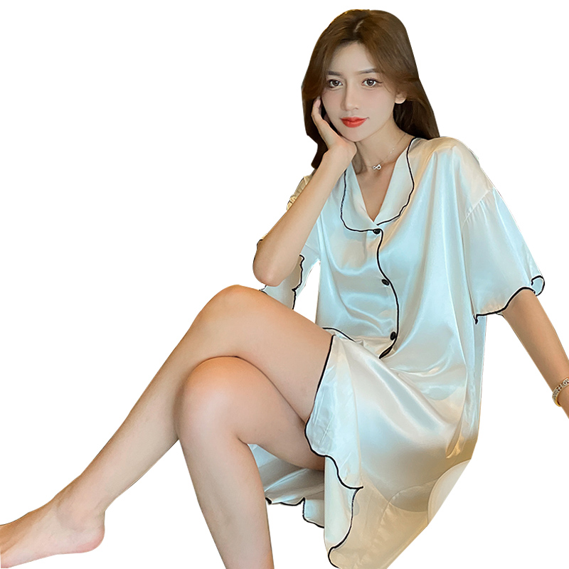 2024新款网红睡裙女夏季薄款真丝短袖衬衫睡裙凉感桑蚕丝家居服 - 图3