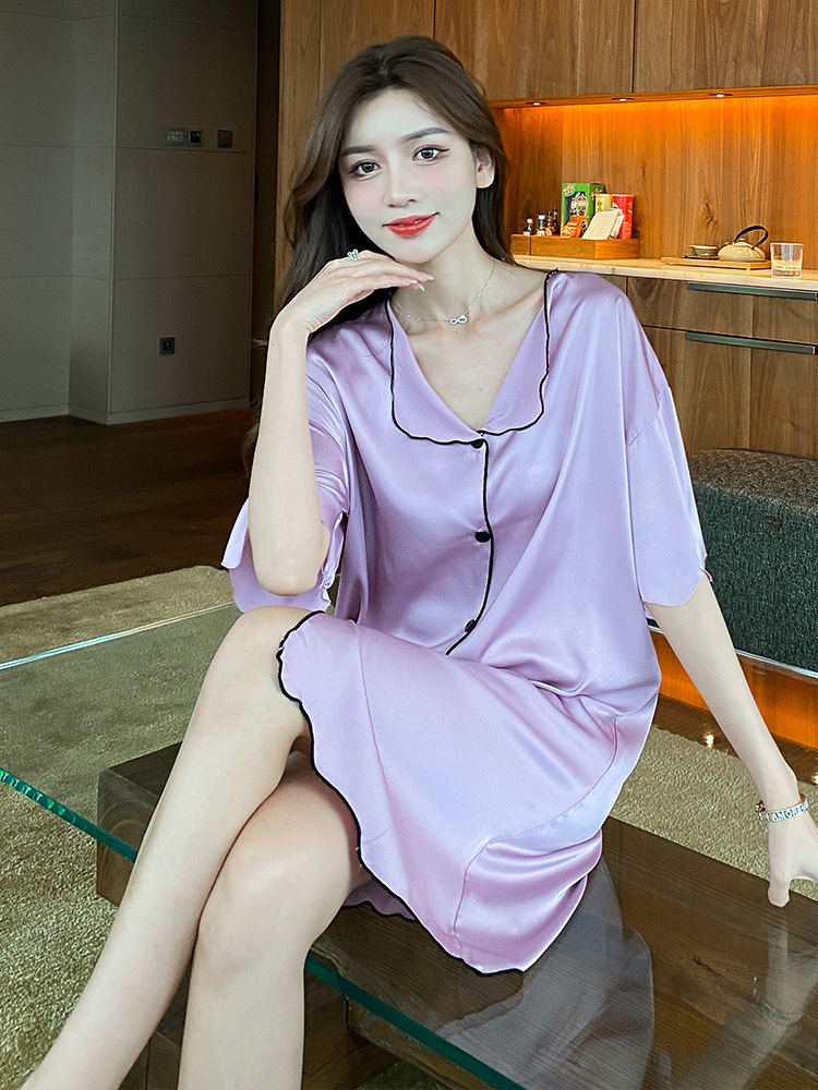 2024新款网红睡裙女夏季薄款真丝短袖衬衫睡裙凉感桑蚕丝家居服 - 图1