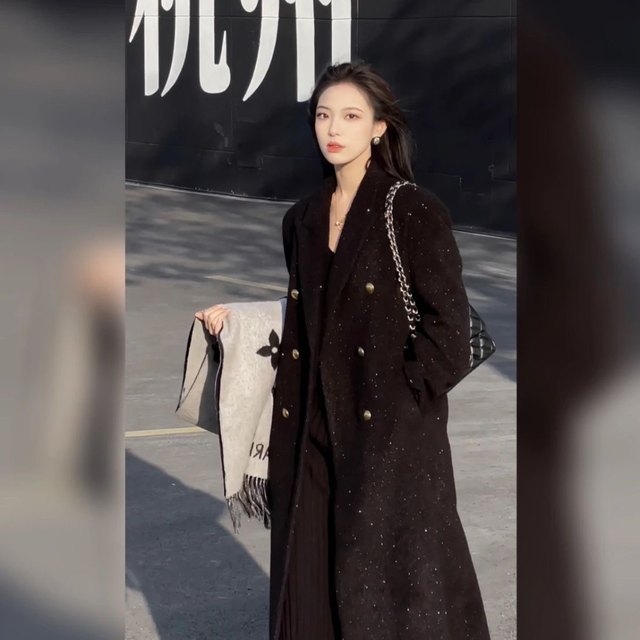 新款冬季韩版时尚高级百搭简约加厚夹棉宽松长款毛呢满天星大衣