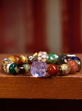 天然多宝文玩手串单圈琉璃醒狮虎牙天珠孔雀石回流骨配饰复古手链