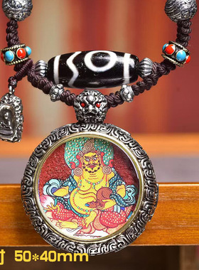 藏式文玩黄财神小唐卡吊坠毛衣链玛瑙天珠朱砂配饰手工编织绳项链