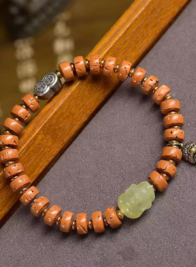 天然桃核药片珠手串单圈藏式文玩佛珠岫玉骷髅配饰男女复古手链