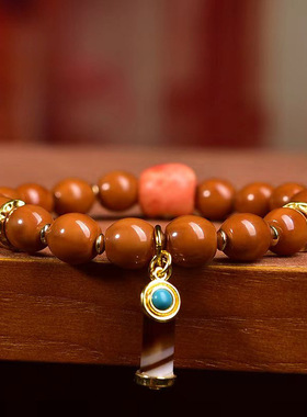 天然原色猴头菩提子文玩佛珠手串单圈缠丝玛瑙根付苹果配饰手链