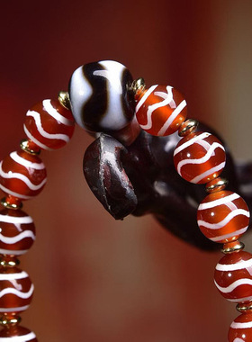 天然玛瑙水纹天珠文玩手串单圈藏式虎牙天珠松石镶嵌卡子配饰手链