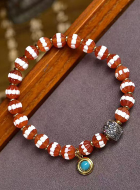 天然西亚古珠镶蚀线珠手串单圈藏式文玩佛珠男女款鉴于复古手链