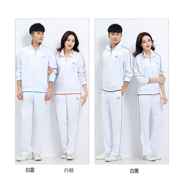 佳木斯健身操广场舞运动服春秋男女白色情侣大码团体徒步比赛套装