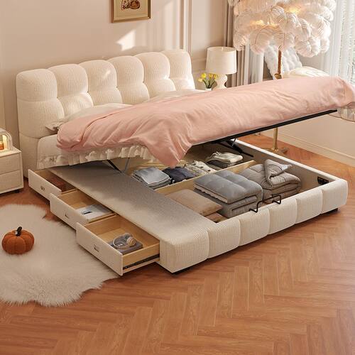 雪尼尔绒布泡芙床网红ins风布艺床现代简约小户型气压储物双人床 - 图2