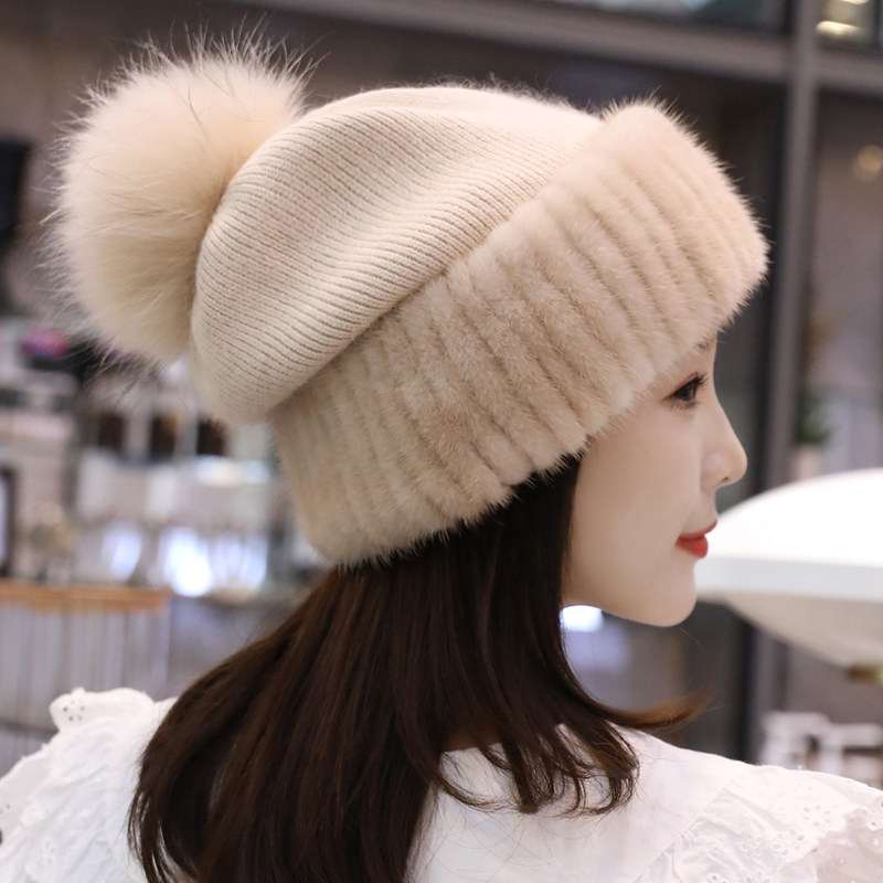 水貂毛加厚帽子护耳冬季貂皮堆堆时尚毛线针织帽加绒皮草百搭保暖,淘宝优惠券,粉丝福利购,淘宝优惠卷