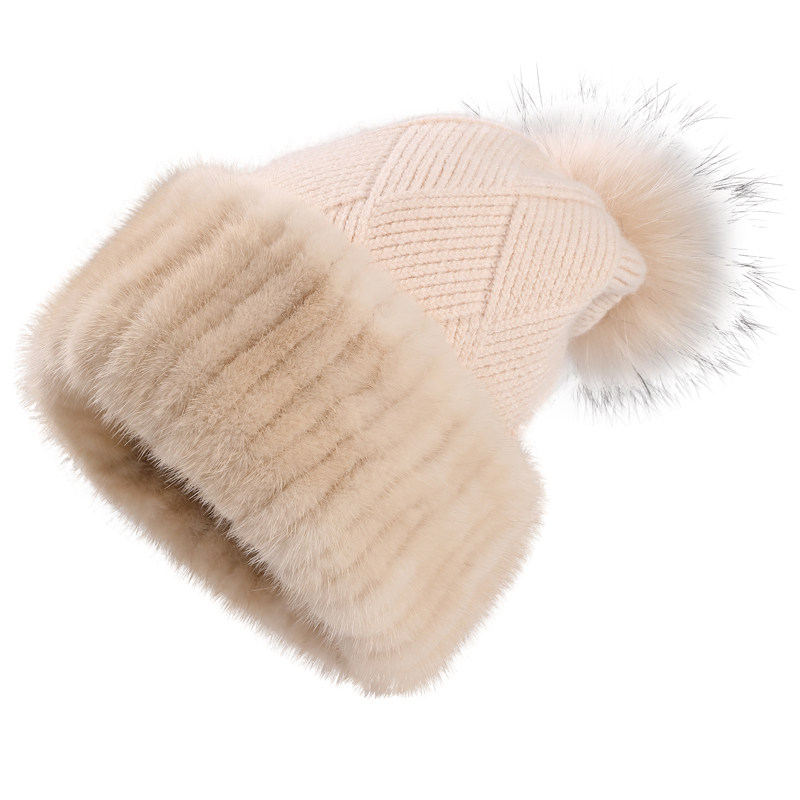 水貂毛加厚帽子护耳冬季貂皮堆堆时尚毛线针织帽加绒皮草百搭保暖,淘宝优惠券,粉丝福利购,淘宝优惠卷