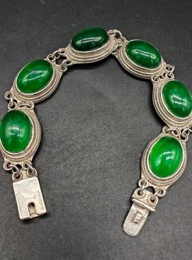 古玩杂项收藏复古铜镀银藏银镶嵌绿宝石手串手链手镯