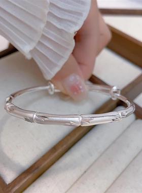 竹节纯银手镯女999足银实心推拉镯子年轻款送女友闺蜜生日礼物520