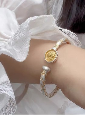 足银999描金黄财神银手镯女实心开口可调节银手镯送女友小众礼物