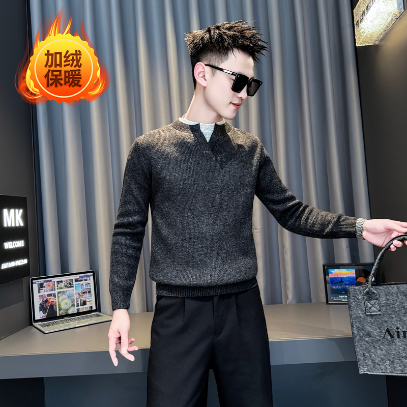 小码男装秋冬季加绒加厚保暖针织毛衣XS码S矮个子潮流假两件线衣 - 图2