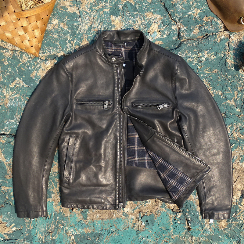 出口美国剩余！香蕉家意大利敦厚深蓝色绵羊皮真皮皮衣男立领加棉 - 图0