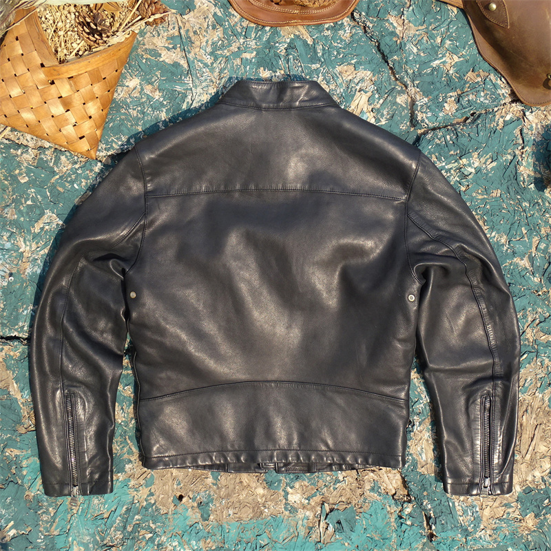 出口美国剩余！香蕉家意大利敦厚深蓝色绵羊皮真皮皮衣男立领加棉 - 图2