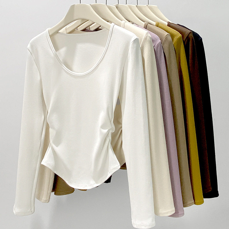 H257椰绒大U领打底衫秋冬磨毛内搭t恤长袖收腰修身遮肉褶皱上衣,淘宝优惠券,粉丝福利购,淘宝优惠卷