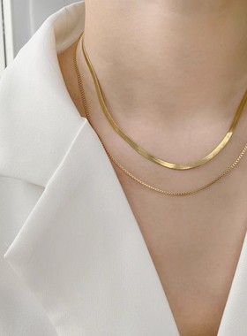 钛钢蛇骨女双层素链金色链条项链