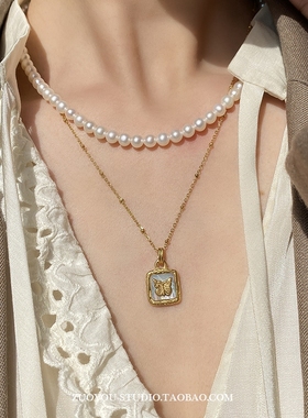 方形蝴蝶贝母项链女不掉色