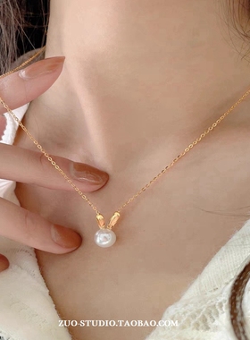 女金色珍珠兔子项链锁骨链